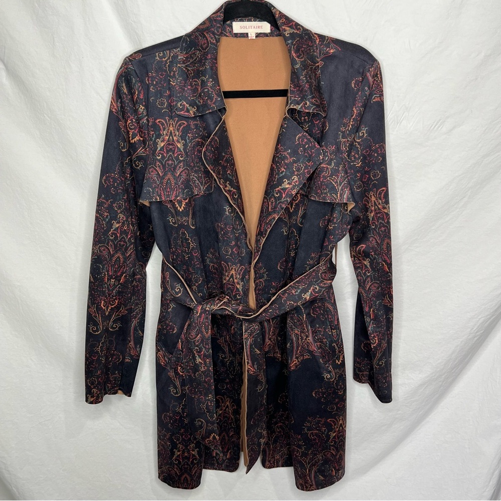 Anthropologie Solitaire Paisley Belted Trench Coat Vegan Suede-Feel Women's Sz L